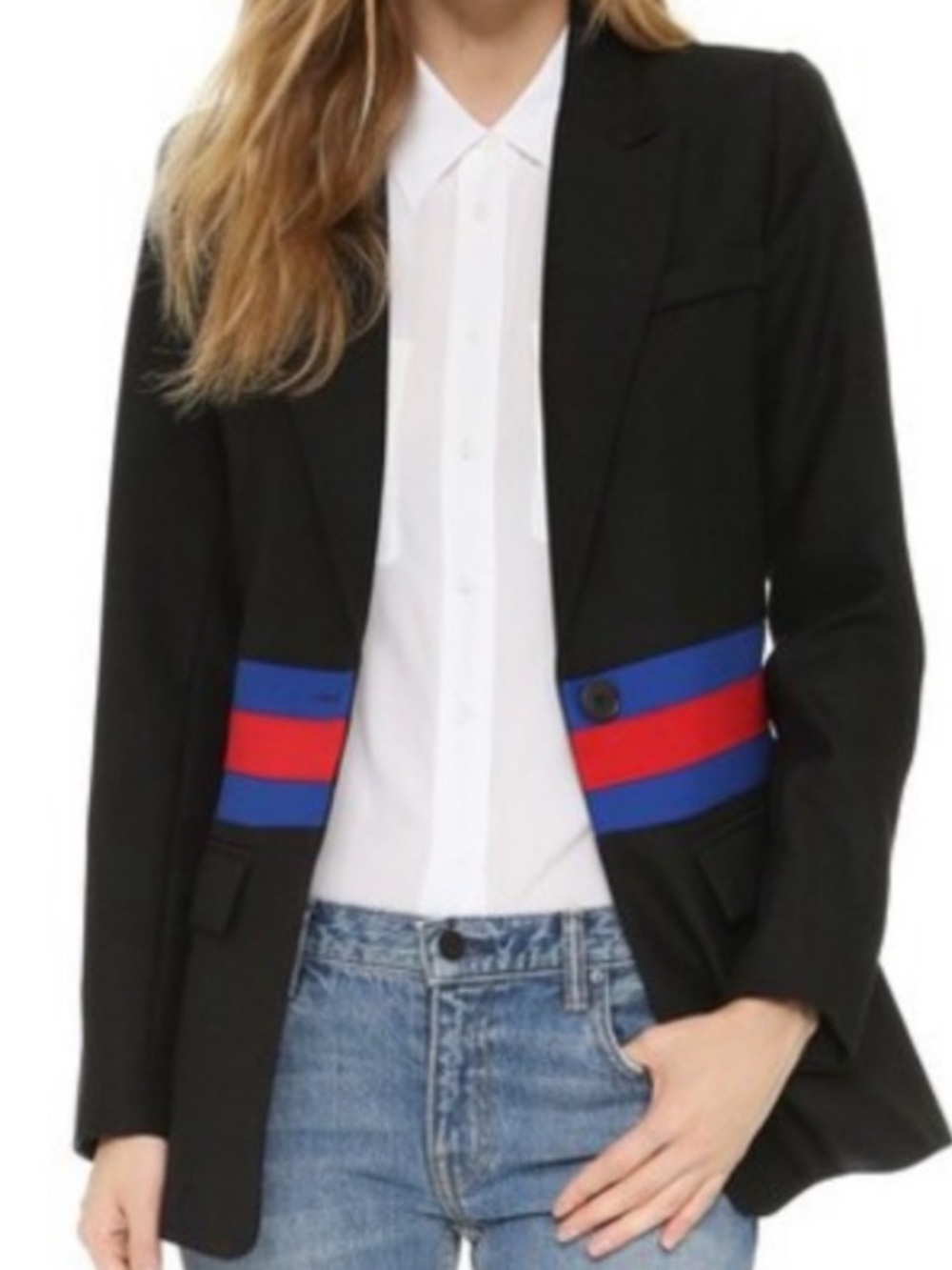 SMYTHE Black Wool Tailored Blazer Red Royal Blue Waist Stripe Sz 2